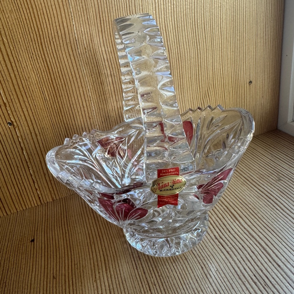 Lead Crystal Made in Germany Anna Hutte Bleikristall Basket Vase w/Red Accents